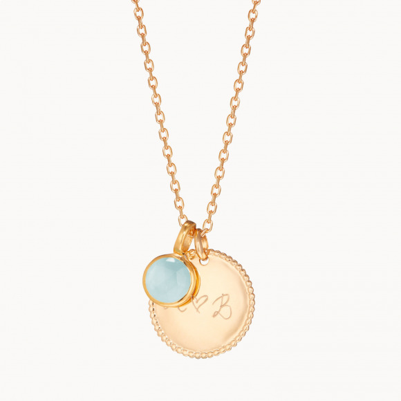 Personalisierte Halskette mit verziertem Anhänger und Geburtsstein vergoldet Aqua Chalcedon merci maman
