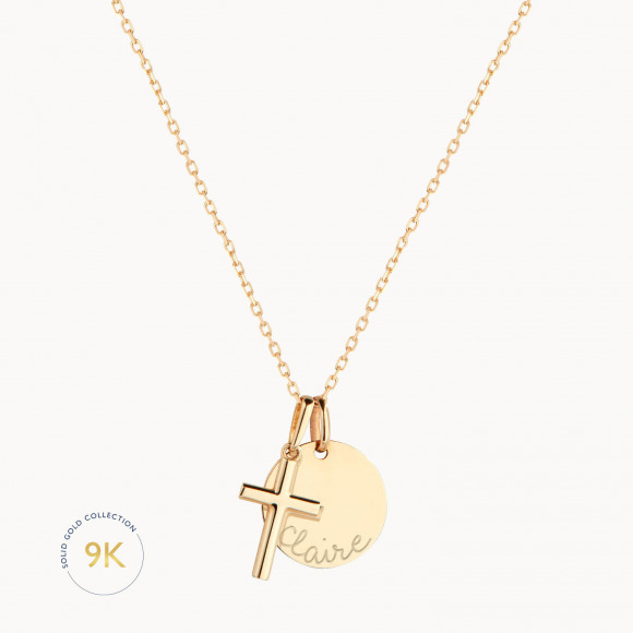 Personalisierte 375er Gold Plättchen Halskette mit Kreuz merci maman