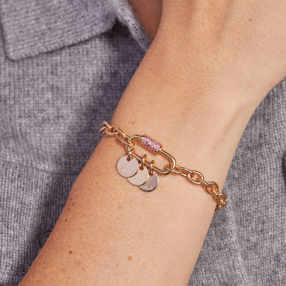 Personalisiertes Pinker Kristall Lucky Charm Namensarmband vergoldet merci maman