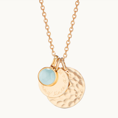 Collier double Disque Martelé & Pierre de naissance personnalisé plaqué or Rouge Grenat merci maman