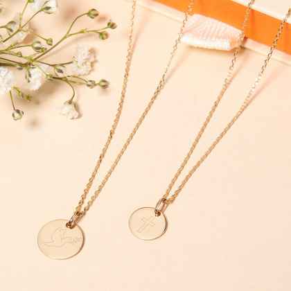 Personalisierte 375er Gold Halskette mit Illustration zur Taufe oder Kommunion merci maman
