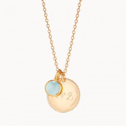 Personalisierte Halskette mit verziertem Anhänger und Geburtsstein vergoldet Aqua Chalcedon merci maman