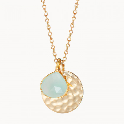 Personalisierte große gehämmerte Plättchen Halskette mit Halbedelstein vergoldet Aqua Chalcedon merci maman