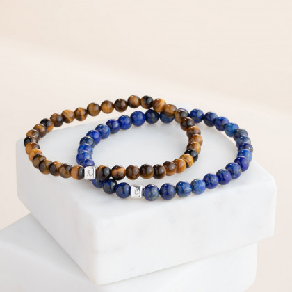 Bracelet personnalisé Cube Initiale pour homme argent Œil de tigre merci maman