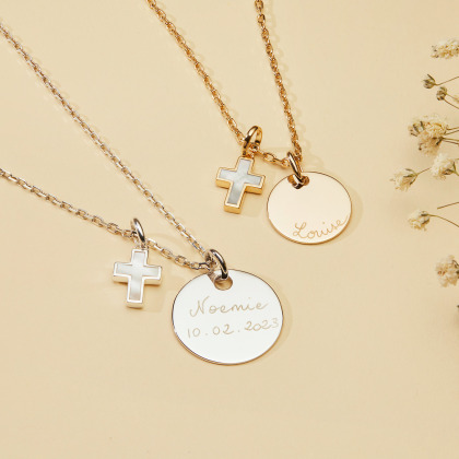 collana personalizzata con croce di madreperla placcato oro argento sterling merci maman