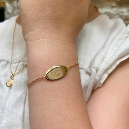 Personalisiertes Armkettchen mit Illustration zur Taufe oder Kommunion vergoldet merci maman
