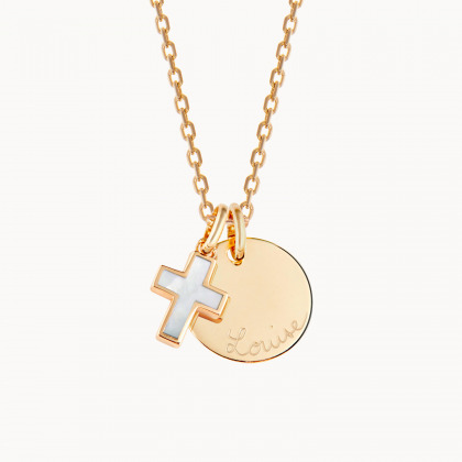 collana personalizzata con croce di madreperla placcato oro merci maman