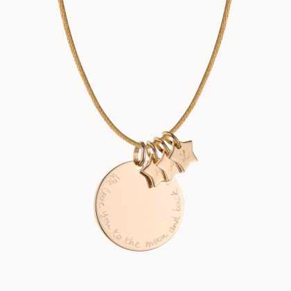 Personalisierte Satin Halskette mit großem Plättchen und Anhängern vergoldet merci maman