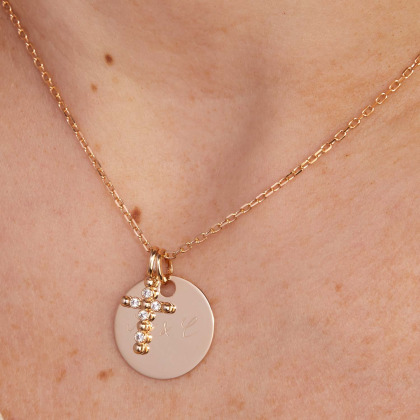 Personalisierte Plättchen und Kugelkreuz Halskette vergoldet merci maman