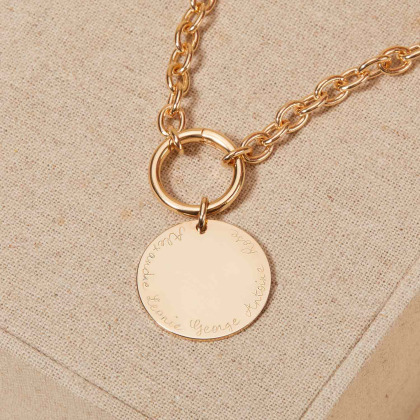 Personalisierte runde Lucky Charm Halskette mit großem Plättchen vergoldet merci maman