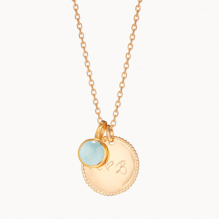 Personalisierte Halskette mit verziertem Anhänger und Geburtsstein vergoldet Aqua Chalcedon merci maman
