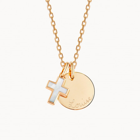 Collar personalizado con Cruz de Nácar bano de oro amarillo merci maman
